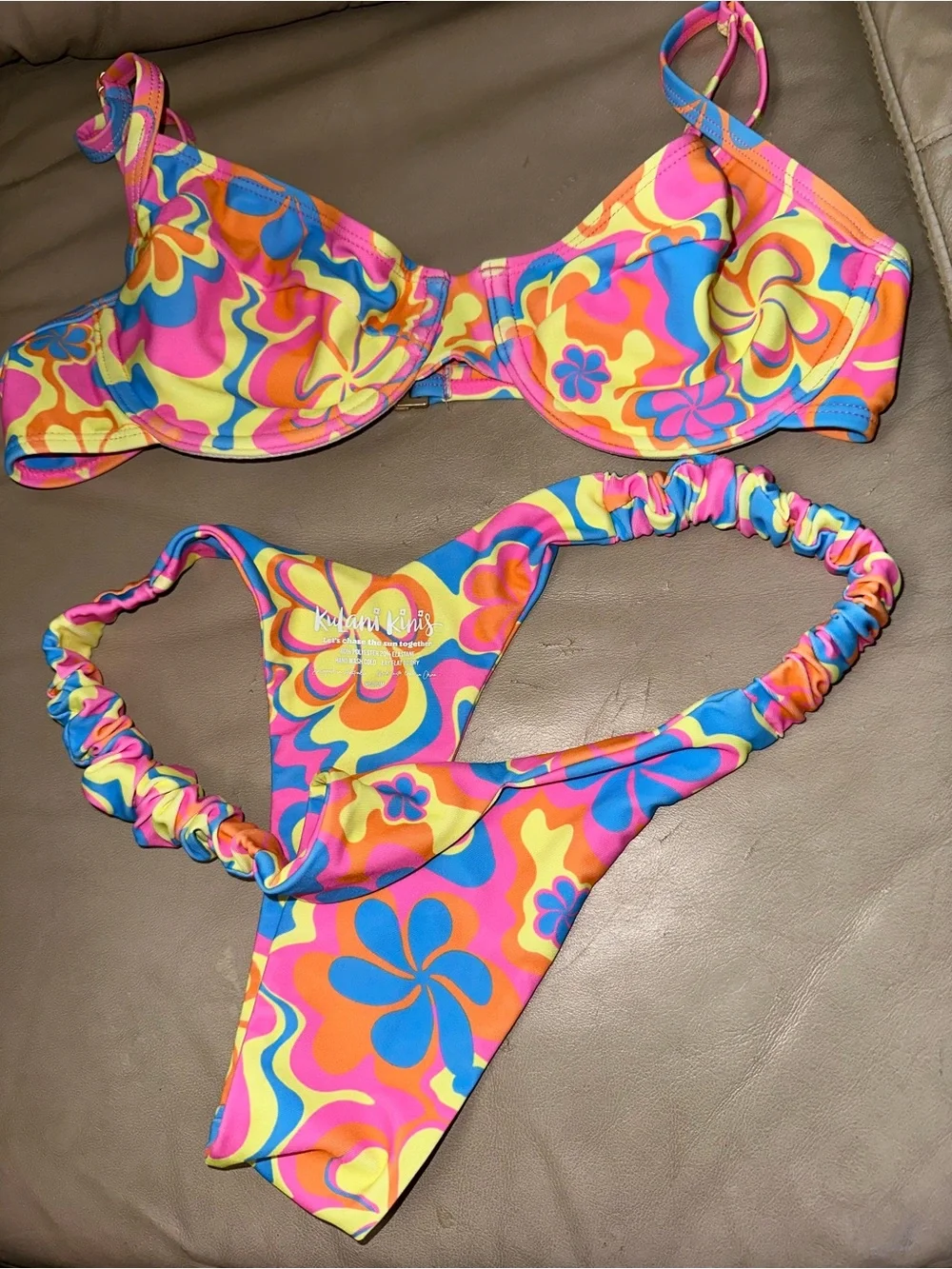 Kulani Kinis “Lovey Dovey” Floral Bikini in Pink, Blue & Yellow medium nwot